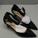 Coutgo Womens Kitten Low Heels Closed Pointed Toe Ankle Buckle Strap Pumps Suede Dress Wedding Shoes (7.5, Cool Black)