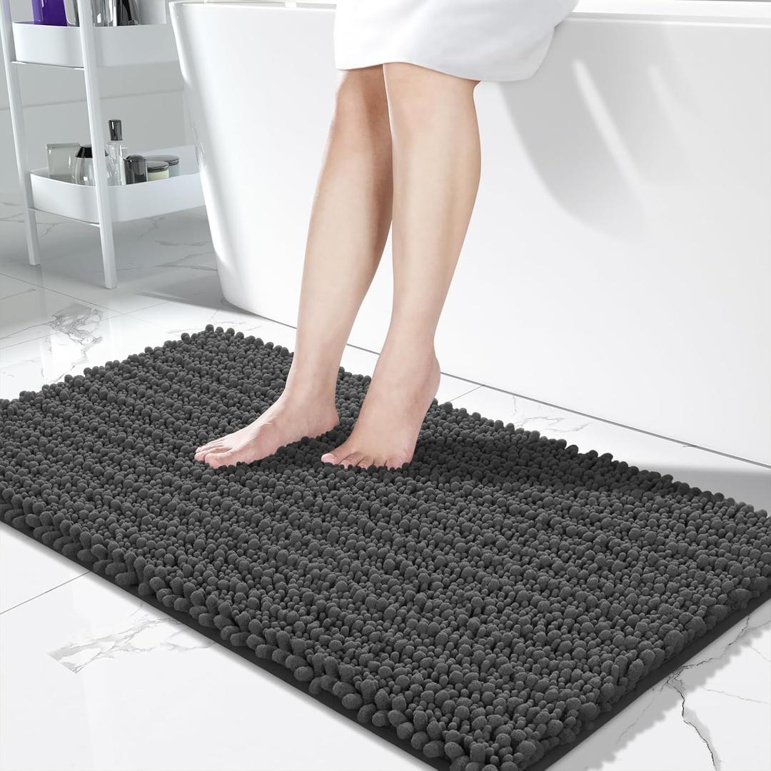 Yimobra Bathroom Runner Rug 55x24 Inch - Extra Long Non Slip Chenille Bath Mat, Soft & Absorbent, Machine Washable Shaggy Hallway Carpet for Vanity Tub Shower, Dark Gray Home Decor Accessories