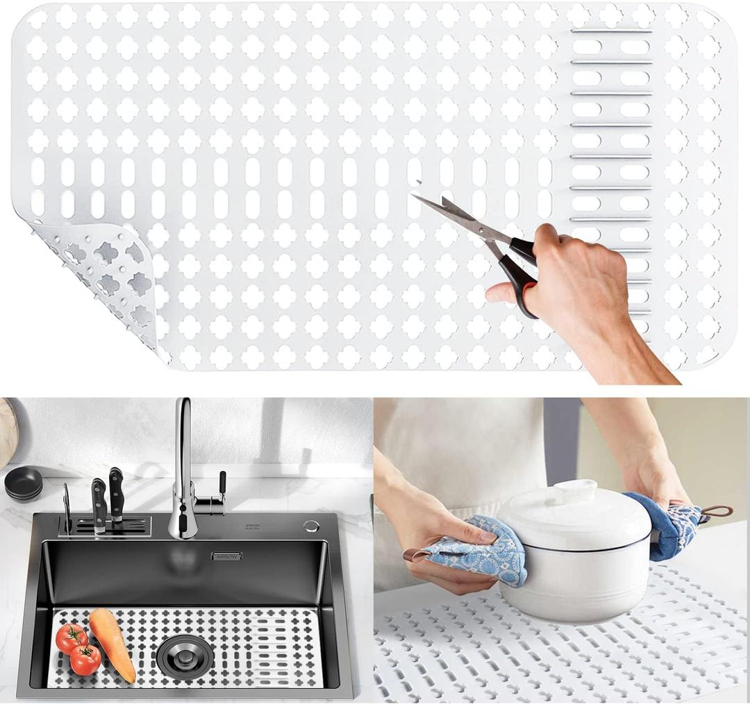 Large White Silicone Sink Mat and Protector With Cutout Drain Holes for Kitchen Farmhouse Stainless Steel Ceramic Sinks 25"x13"