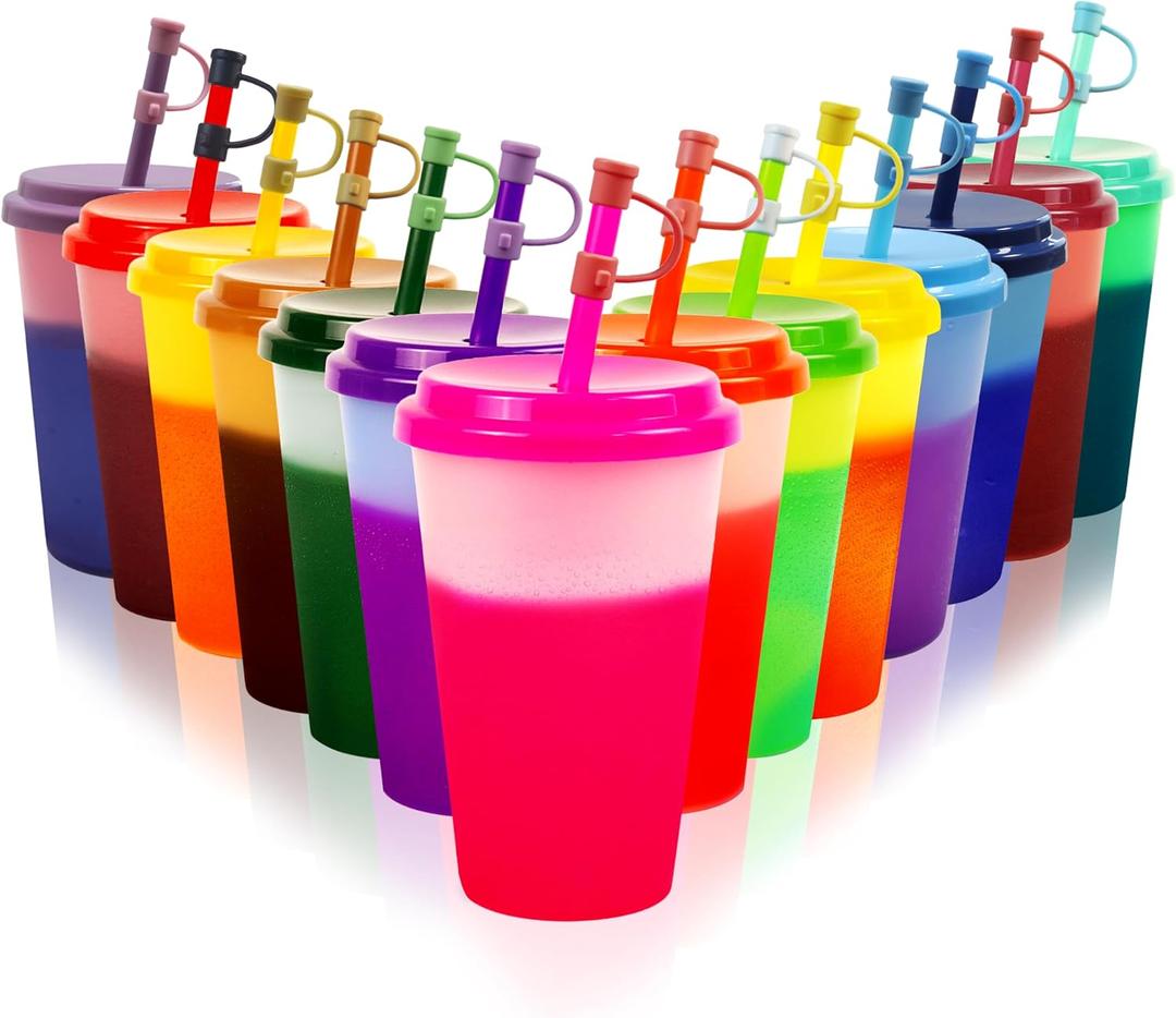 14 Pack Color Changing Cups Tumblers With Lids & Straws - 12oz Reusable Plastic Drinking Cups Bulk Party Sippy Cups Cold Water Cup Set (with Silicone Straw Cover)