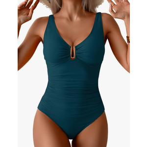 B2prity One Piece Swimsuit for Women Tummy Control Ruched Bathing Suit V Neck Push Up Swim Suit, Medium