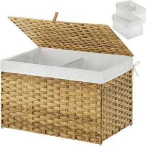 GREENSTELL Storage Basket with Lid, 27.7 Gallon(105L) Lagre Wicker Blanket Storage Basket with Handles, Foldable, 2 Removable Liner Bags, Metal Frame, for Bedroom, Laundry Room, Natural