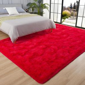 Fluffy Red Rugs for Bedroom Living Room, Shag Dorm Area Rug, 4x6 Ft
