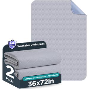 Washable Bed Pads 36" x 72" - 2 Pack, Grey, Waterproof Bed Pads for Incontinence, Bed Wetting Pads for Bed, Sofa, Floor, Resuable Underpads for Adults, Seniors, Pet