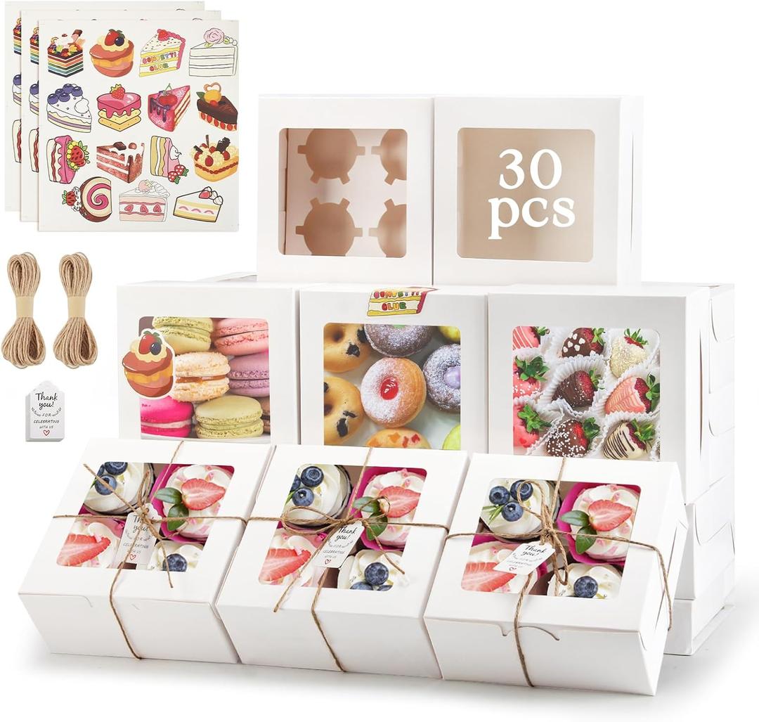 OAMCEG 30 Pack Cupcake Boxes with Window, 6x6x3 Inches White Cookie Bakery Treat Boxes with Stickers & Twine for Pastry, Desserts, Strawberries, Cupcakes, Gift Giving