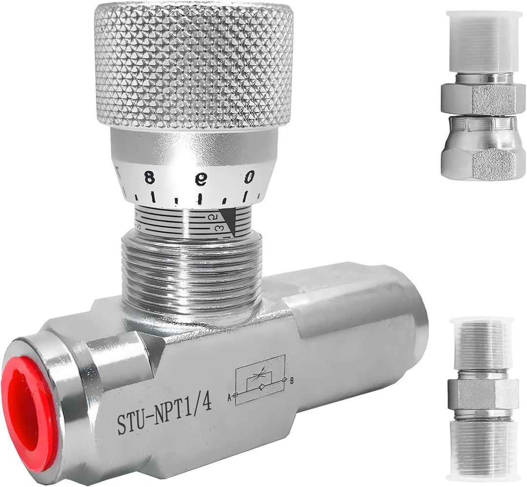 1/4" NPT Hydraulic Flow Control Valve, 5000 PSI | One-Way Adjustable Speed Throttle Check Valve with 2 Pipe Adapters for Cylinder Control