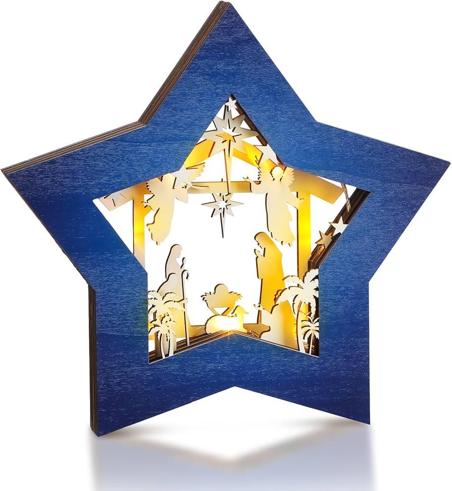 Christmas Nativity Scene Ornament Wooden Nativity Set Christmas Ornament Religious Rustic Christmas Nativity Ornaments Scene Decorations with LED Light for Shelves Tables Decorations (Blue White)