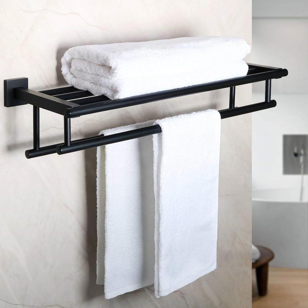 Alise Double Towel Rack for Bathroom Wall Mounted,24 Inch Bathroom Tower Holder Black Towel Rack with Double Towel Bars,SUS304 Stainless Steel Towel Bar Towel Rack with Shelf,Matte Black
