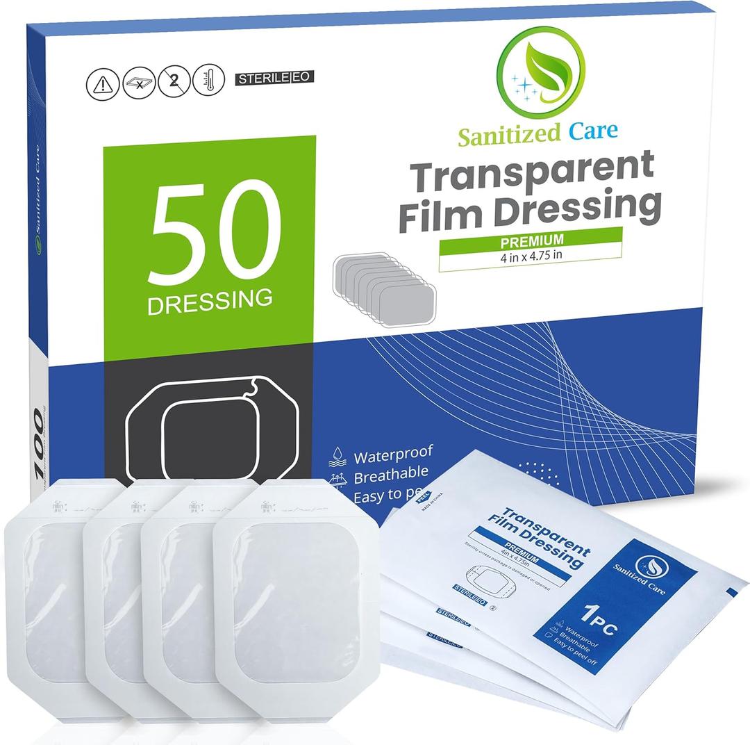 Premium Transparent Film Dressing 4 x 4.75 Inch 50 Pack  Waterproof Post Surgical Wound Bandage, IV Shield & Tattoo Aftercare Patch  Clear, Breathable, Sterile Adhesive Protection, Shower Safe