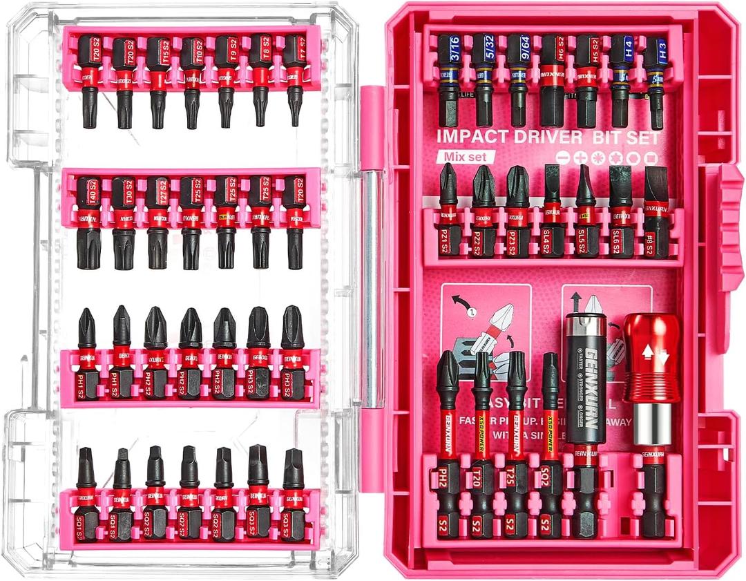 Geinxurn 48Pieces Impact Screwdriver Bits Set, Magnetic S2 Steel Phillips/Slotted/Square/Torx Insert Power Bits Tips, Impact Bit Holder with Pink Storage Box Case