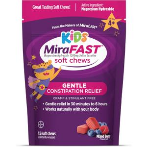MiraFAST Kids Soft Chews, from The Makers of MiraLAX, Gentle Constipation Relief for Kids 4+ and Adults, Fast Acting Saline Laxative, Stimulant Free Saline Laxative, Mixed Berry Flavor, 15ct