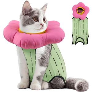 EMUST Cat Recovery Suit and Cat Surgery Suit, Cats Surgical Suit for Abdominal Wounds, Soft & Adjustable Flower Cats Cone Collar, After Surgery for Female Kittens Under 4lb(Green, S)