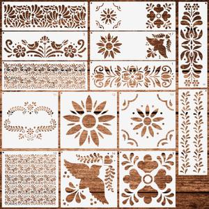 14 Pcs Talavera Stencils for Crafts, Resuable Cake Stencils,Mexican Floral Stencil for Furniture Wood Wall Canvas Floor, Border Stencil for Painting Fabric DIY Projects Christmas
