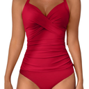 B2prity Women's Ruched Tankini Swimsuits V Neck Wrap Tie Back Two Pieces Bathing Suit Tummy Control Swimwear, M