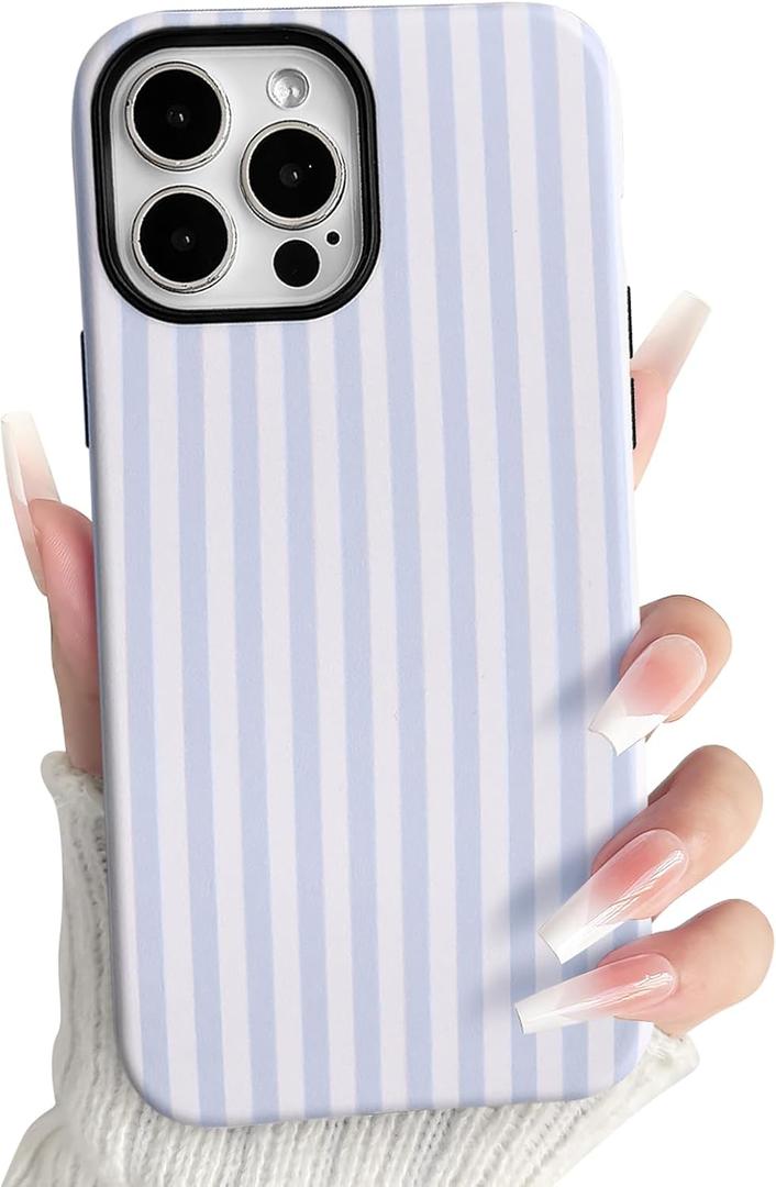 NITITOP Compatible with iPhone 13 Pro Max Case Matte Cute Vertical Stripes for Women Girls Men Boy Striped Pattern Hybrid 2 Layers Back Shockproof Protective Cover - Light Blue