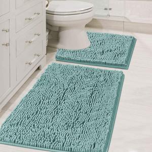 H.VERSAILTEX Original Shaggy Chenille 2 Piece Bath Rug Set, 20x20 Square U-Shape Contoured Toilet Mat & 32x20 Carpet Rug, Machine Wash/Dry Mats, Soft, Plush Rugs for Tub Shower (Eggshell Blue)