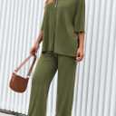 PRETTYGARDEN 2 Piece Lounge Sets for Women Summer 2025 Short Sleeve Tops Wide Leg Pants Matching Travel Outfits Clothing (Army Green,X-Small) 
