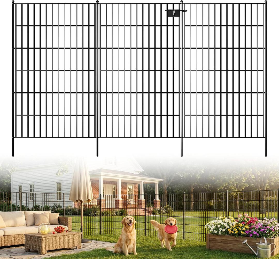 Toolterritary 10 Panels No Dig Garden Fence with Gate, 48in(H) x 26.0ft(L) Rustproof Metal Animal Barrier Fence, Outdoor Decorative Yard Fencing with Ground Stakes for Dogs, Rabbits, Patio