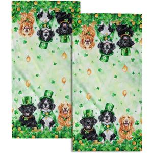 St Patrick's Day Dogs Hand Towel Set of 2 Lucky Clover Shamrocks Decorative Hand Towels for Bathroom Irish Green Kitchen Dish Towel St Patrick's Soft Absorbent Face Fingertip Towels for Guest Gym Spa (14.4x28.3in)