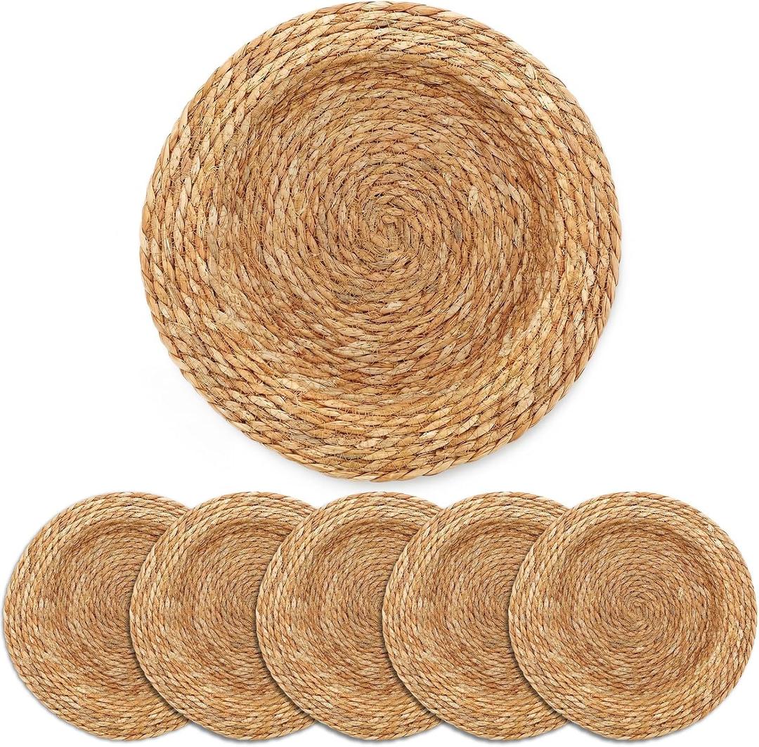 LemonRoad 13 Inch Boho Placemats Set of 6 Large Round Farmhouse Chargers Plate Mats Cattail Weave Woven Table Mats for Dining Plates Rustic Home Kitchen Wedding Party Table Decor