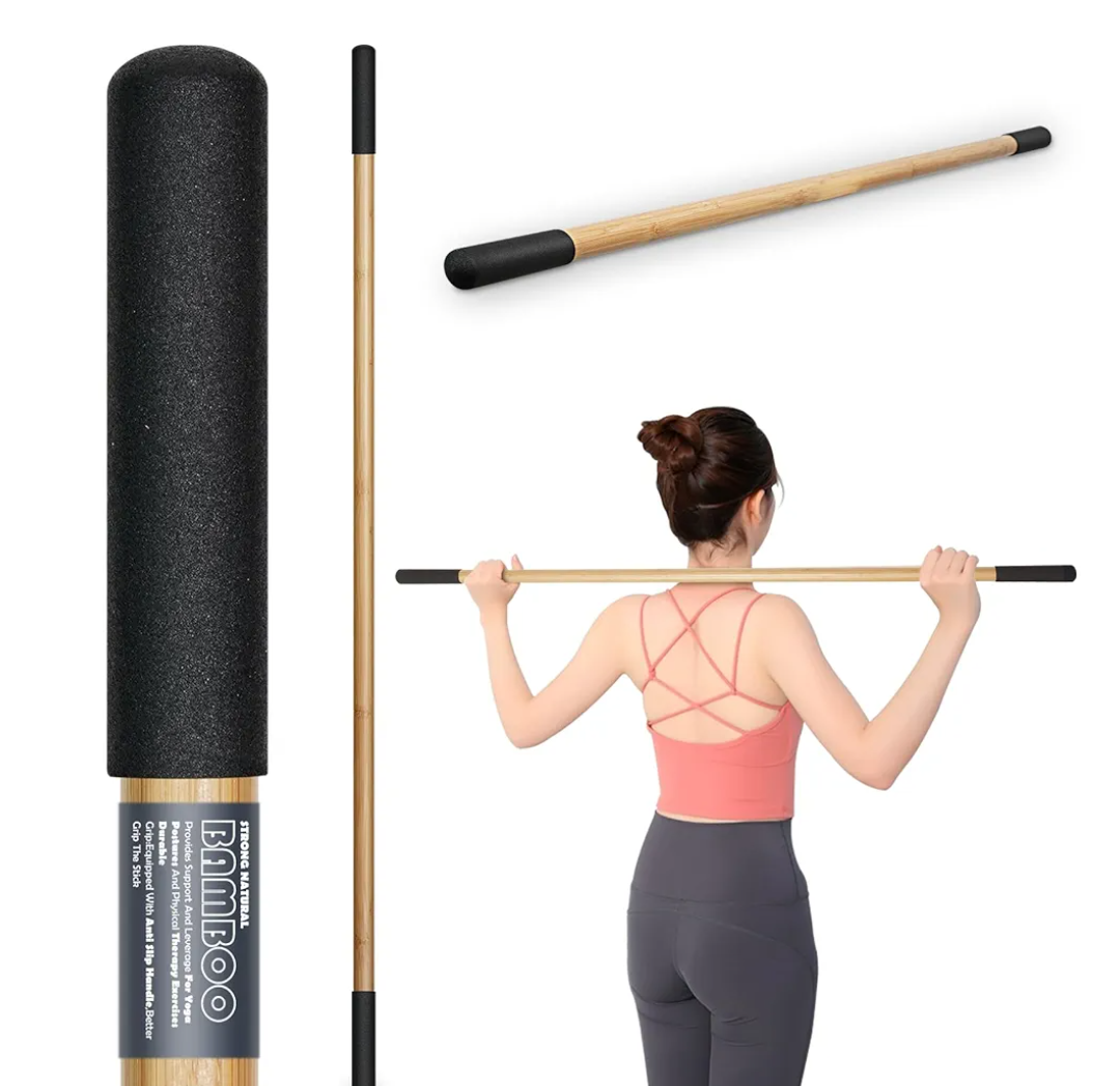 Bamboo Stretch Yoga Stick, 5ft/149 cm, Flexibility Stick for Physical Therapy, Premium Yoga Dowel with Super Sturdy Rubber Handle Ends, Exercise Bar for Posture Corrector