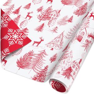 American Greetings Reversible Cottagecore Christmas Wrapping Paper Roll, Red and White Holiday Gift Wrap (60 sq. ft., 1 Standard Roll Wrap-30 in. x 24 ft.) Cabin in the Woods with Reindeer