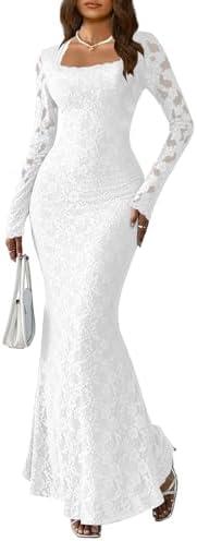 MITILLY Women Bodycon Maxi Dress Elegant Square Neck Long Sleeve Floral Lace Sexy Wedding Guest Cocktail Long Dresses New L