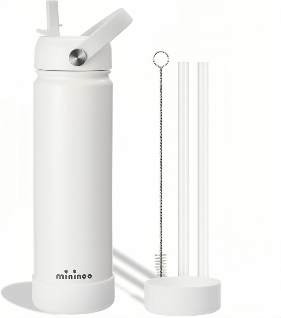 Mininoo Insulated Stainless Steel Water Bottle with Straw, Ceramic-Lined, BPA-Free & Leak-Proof, 24 oz, White