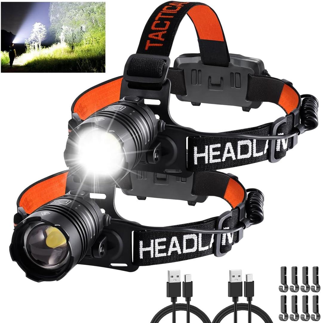 Headlamp Rechargeable 2Pack, Head lamps led rechargeable, Adjustable Focus Headlight Outdoor, 4Mode Head Lights for Forehead, 90Angle LED Headlamp, Waterproof Headlamps for Adults Camping Hard Hat