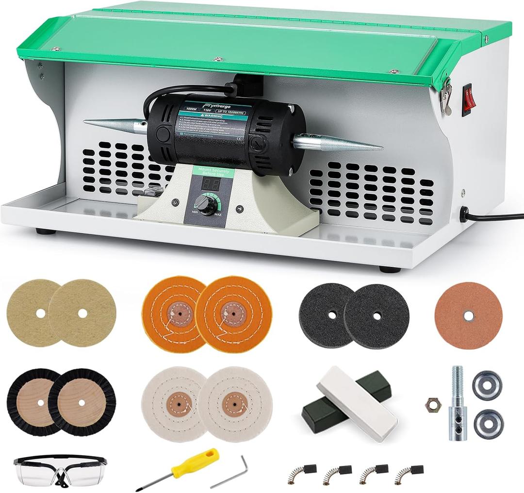 1500W Jewelry Polishing Machine with Display Screen, Bench Buffer Polisher 110V Variable Speed Jewelry Polisher Machine with Dust Collector, Exhaust Fan Blower, Work Light and Motor Housing