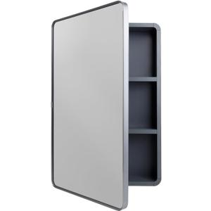 16x24 Inch Bathroom Medicine Cabinet with Mirror, Small Farmhouse Surface Cabinet with Soft-Close Hinges, Rounded Corner Aluminum Metal Vanity Frame & Glass, with 2 Toothbrush Holders (Grey)