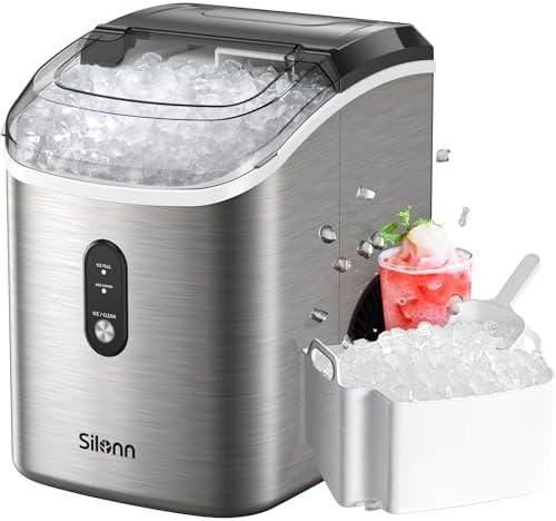 Nugget Ice Maker Countertop, Silonn Chewable Pellet Ice Machine with Self Cleaning Function, Pebble Portable Ice Maker with Ice Scoop for Home Kitchen Office, Stainless Steel