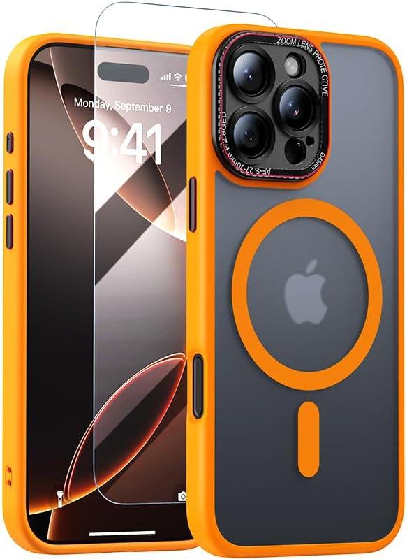 JUESHITUO for iPhone 16 Pro Max Case with 1X Screen Protector, [Tailored for MagSafe] [Mil-Grade Shockproof Defense] with Integrated Lens Protection Translucent Case for iPhone 16 Pro Max, Orange