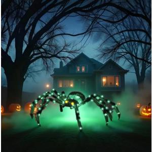 4.2Ft Giant Spider Halloween Decorations Outdoor 52" Light Up Spider with 90 LED Lights for Front Yard, Porch, Garden, Lawn, Halloween Party (Green) (Zz-002)