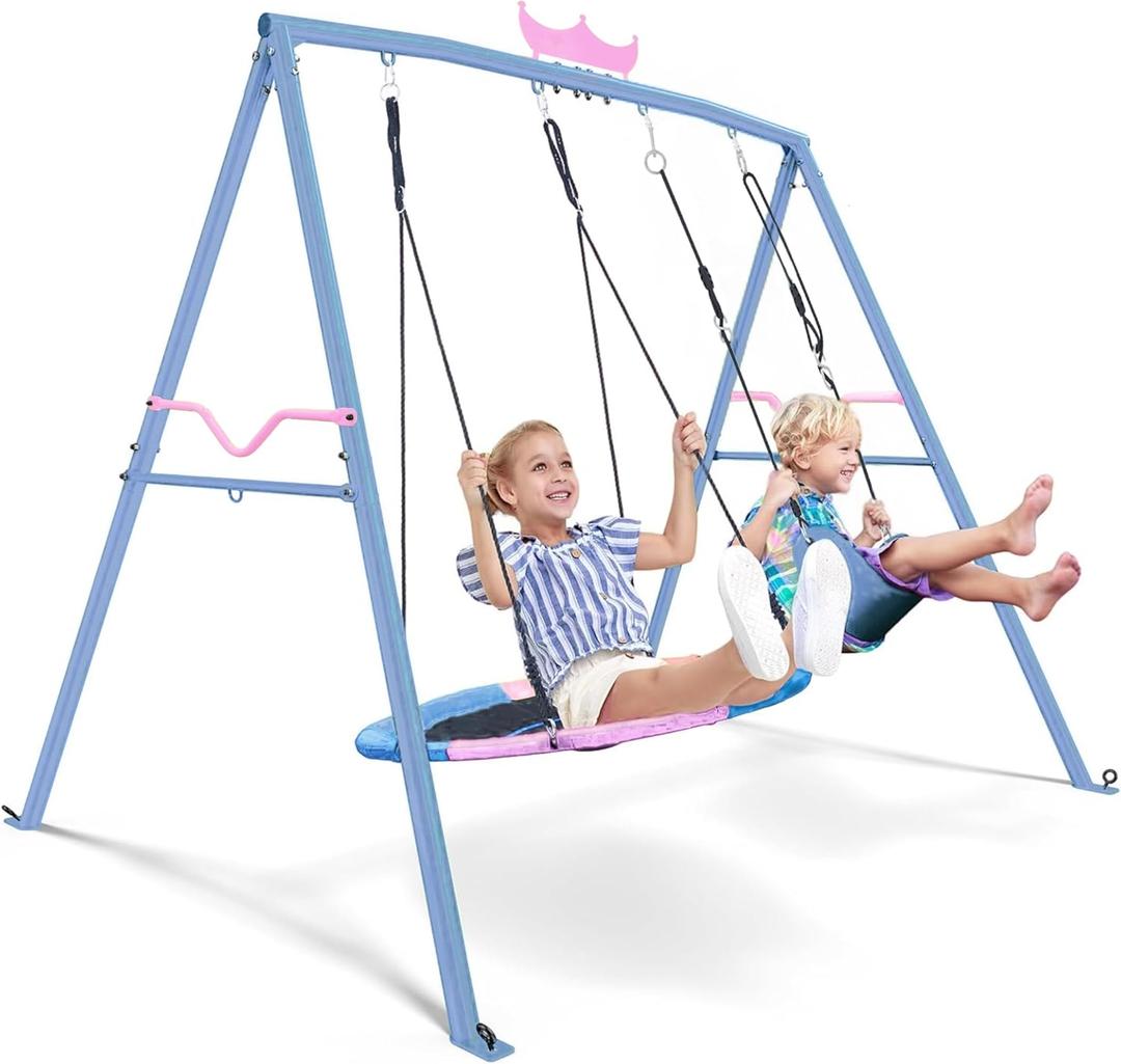 PANGU Crown 2-in-1 Swing & Hammock, 460lbs 2 Seat Swing Sets for Backyard, Outdoor Kids Swing Set Heavy-Duty Metal,1 Saucer and 1 Belt for Outdoor Playground Park,Pink-BlueHammock not Included