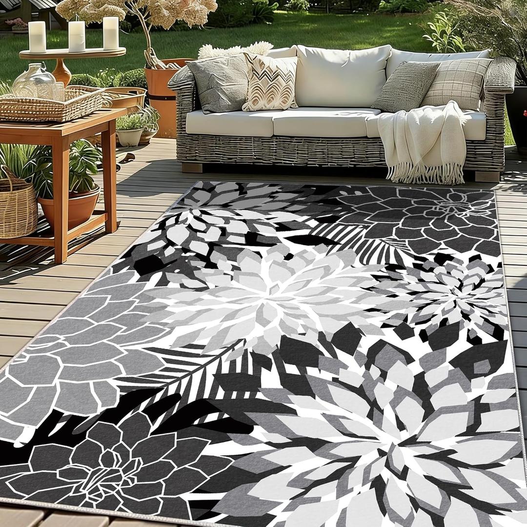 ZonLi Outdoor Rug 8x10Ft Waterproof Multicolored Black White Indoor Area Rug Washable Outdoor Patio Rugs Tropical Floral Non Slip Outdoor Carpet for Living Room, Pool,Backyard,Deck,Camping.