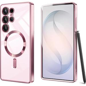 For Samsung Galaxy S26 Ultra Case Clear Magnetic with Full Camera Cover & Privacy Screen Protector, Luxurious Plating Bumper Women Girly Cute Phone Cases Cover for Galaxy S26 Ultra,Pink