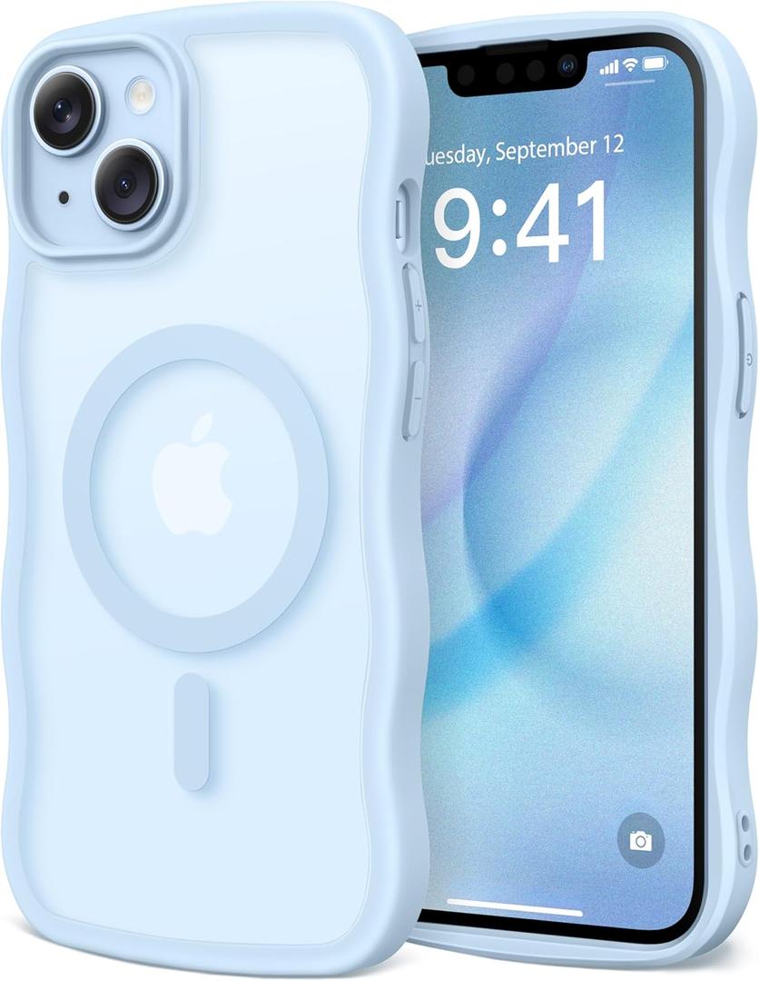 CAPRARO Cute for iPhone 13 Case & iPhone 14 Case, Compatible with MagSafe, [Curly Wave Edge] [Camera Protection] [14 FT Drop Protection] Magnetic for iPhone 13/14 6.1 Inch, Light Blue