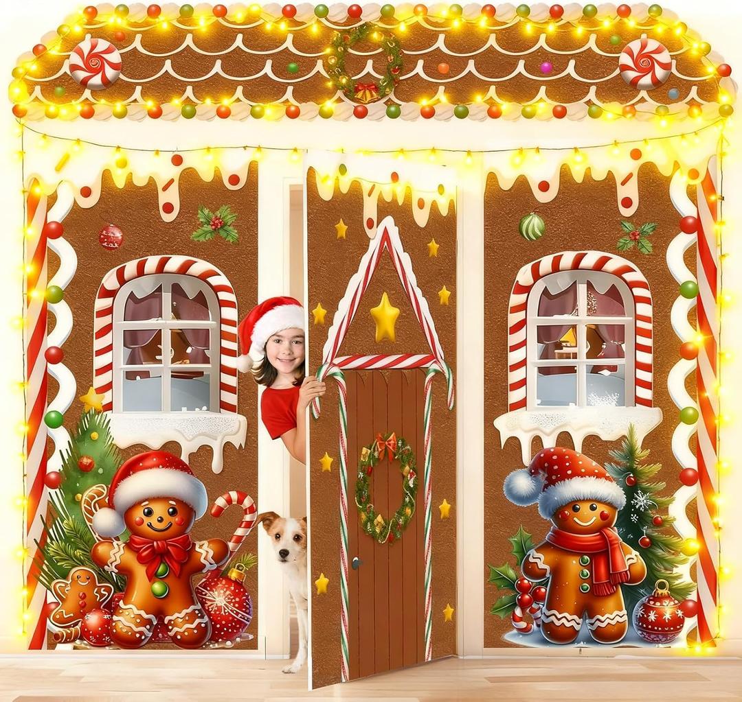 8 Pcs Christmas Gingerbread House Decorations, Gingerbread Door Cover, Backdrop Xmas Door Hanging Banner Porch Sign with Light String for Holiday Home Classroom Office Church Party Supplies