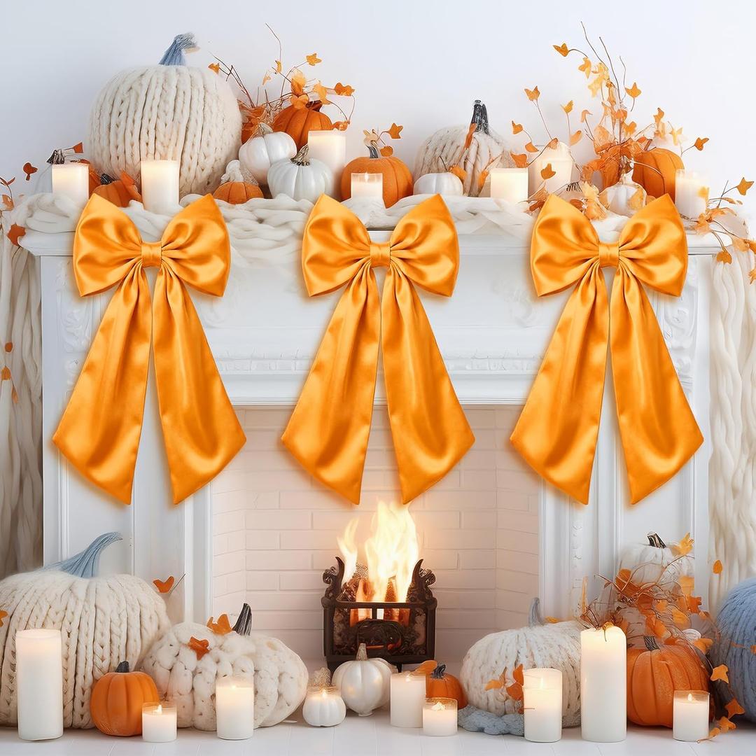 3 Pcs 2 FT Large Orange Bows Decorations Big Satin Bows Hanging Wall Decors for Wedding Coquette Birthday Backdrop Bridal Shower Bachelorette Room Fireplace Party Supplies
