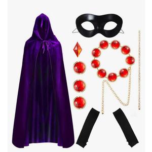6Pcs Halloween Purple Cloak Cosplay Set For Women Hooded Cape Anime Cos Adjustable Red Gem Waist Gloves Eye Mask, Size 130