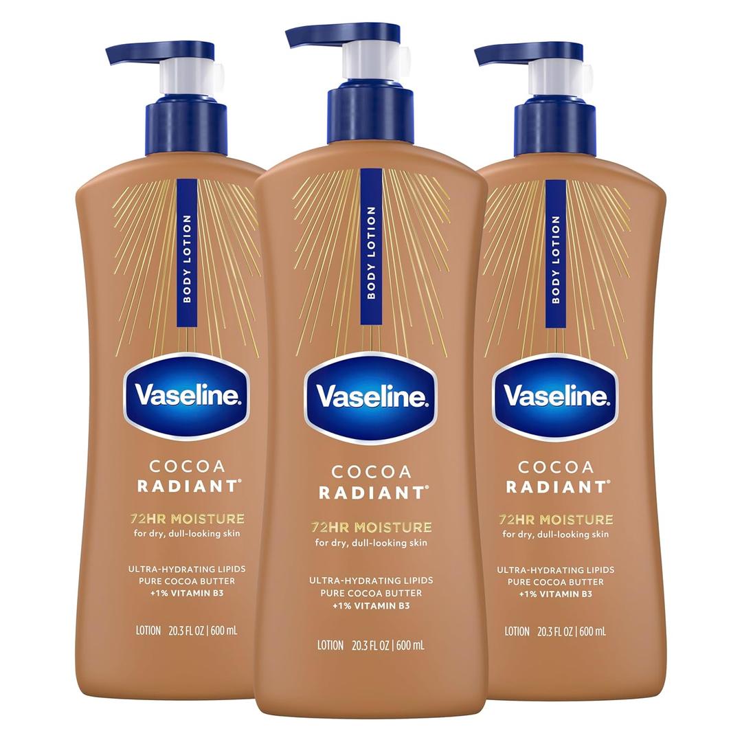 Vaseline Intensive Care Body Lotion Cocoa Radiant 3 count for Dry Skin Lotion Made with Ultra-Hydrating Lipids and Pure Cocoa Butter for a Long-Lasting, Radiant Glow 20.3 Oz