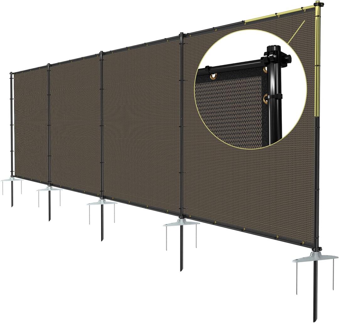 TANG 5'x24' Outdoor Privacy Screen FreeStanding, 220GSM Mesh Fencing with Poles Stakes, Privacy Fence Panels for Outside, Temporary Dog Fences for Garden Patio, Brown