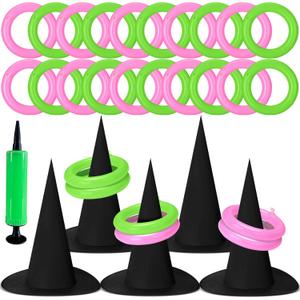 Leitee 25 Pcs Witch Hat Ring Toss Games Set Halloween Party Favors Pink and Green Party Decorations 5 Black Oxford Fabric Wizard Hats with 20 Inflatable Rings for Girls Women Birthday Movie