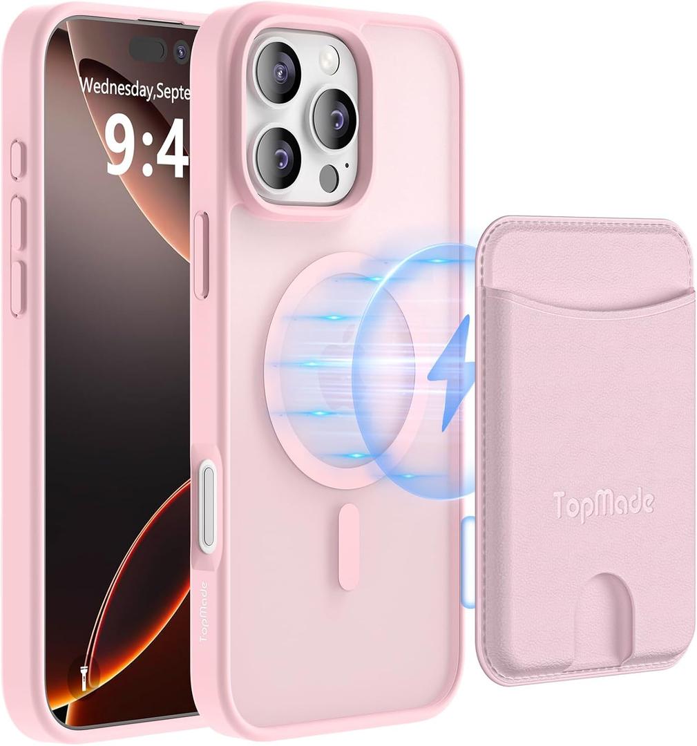 TopMade Mag-Safe Case for iPhone 16 Pro with Magnetic Wallet Card Holder, Mag-Safe Phone Case with Magnetic Wallet Fit 4 Cards, Shockproof Slim Case for iPhone 16 Pro 6.3 inch, Pink