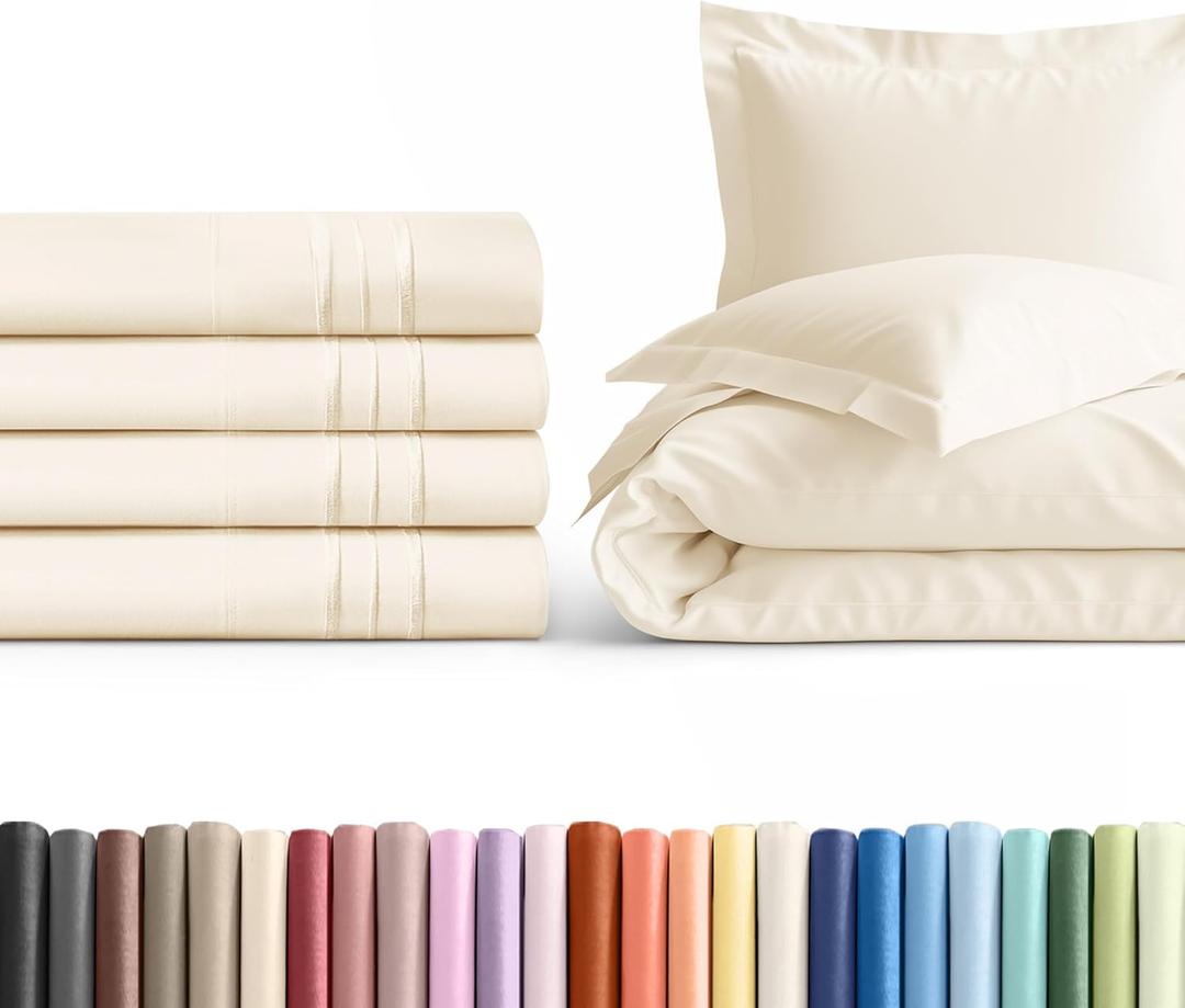 Queen Pillow Cases Set of 4 with Duvet Cover - Hotel Quality Pillowcase Covers - Comfy Luxury Bedding for Women, Men, Kids & Teens - Machine Washable Protectors - 4 Piece Set - Queen Size Off White