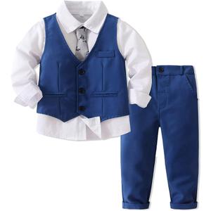 Boys Gentleman Suits Toddler Kids Wedding Outfit Clothes 4 Pieces Dress Shirt & Pants & Vest Set with Bowtie, 2-8 Years (Blue)