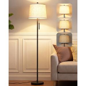 JUNNAI Upgraded Modern Black Floor Lamp 63in Standing Lamp for Living Room Bedroom Office 3 Way Brightness Dimmable Tall Pole Light with Beige Linen Shade Metal Shade 8W 3000K LED Bulb Included