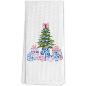 Preppy Chinoiserie Christmas Tree Kitchen Towels, Pink and Blue Xmas Tree Decorative Hand Towels for Bathroom, Grandmillennial Christmas Dish Tea Towels for Kitchen Decor, 16x24 Inch (Section 3)