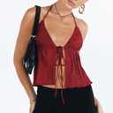 Women Halter Tie Front Tank Tops Y2k Split Flowy Cami Shirt Backless Sexy Going Out Crop Tops (Red, S)